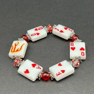 Art Glass Beaded Bracelet White Red Hearts Poker Casino 7.5"